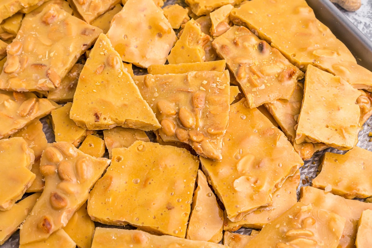 Easy peanut brittle recipe broken into pieces.