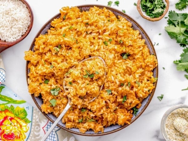 Crockpot spanish rice served in a bowl.