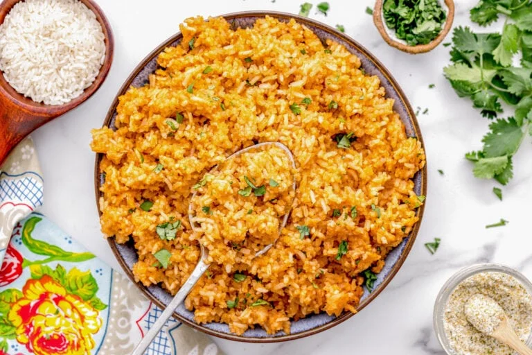 Crockpot spanish rice served in a bowl.