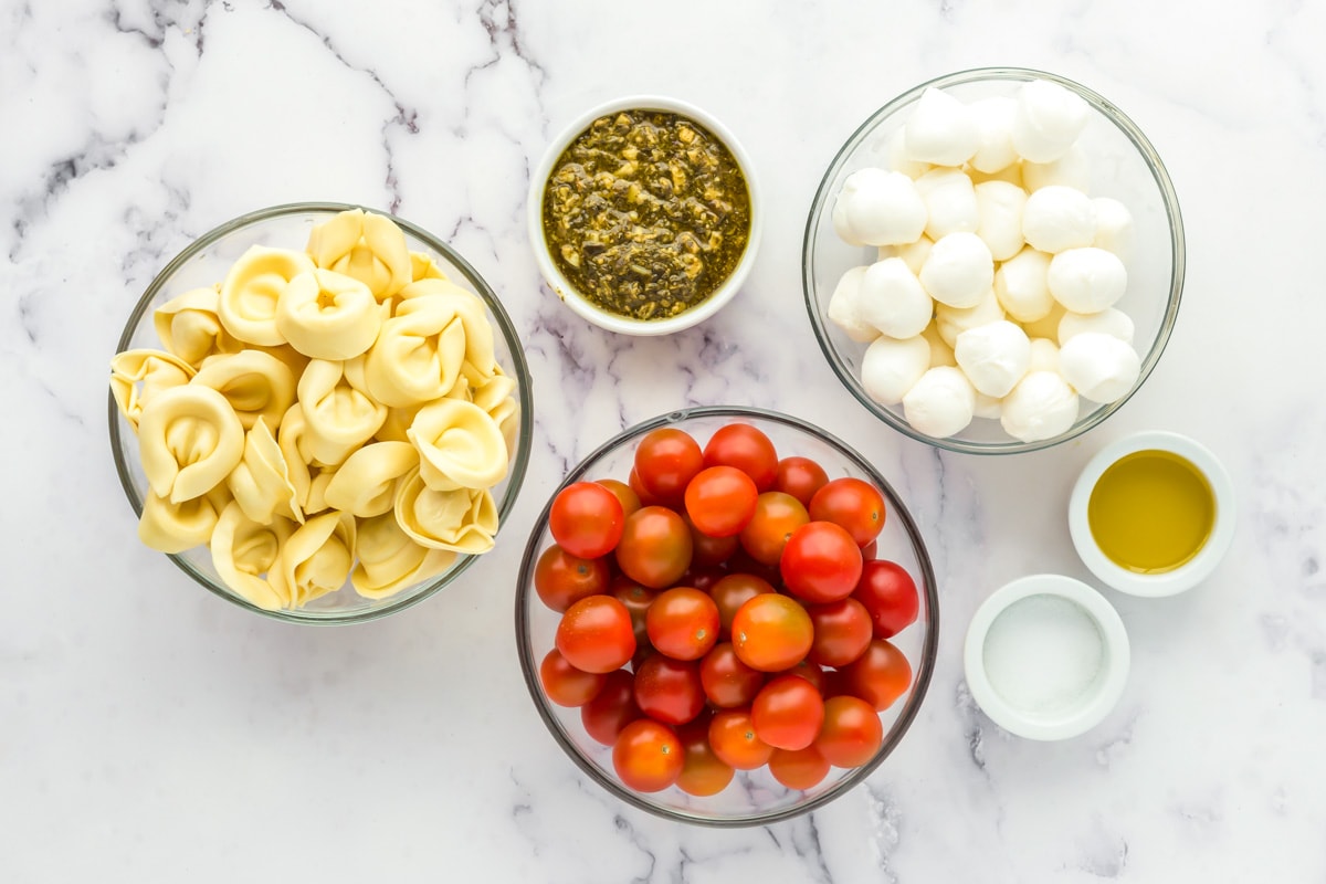 Pest Tortellini Skewers ingredients on a kitchen counter.