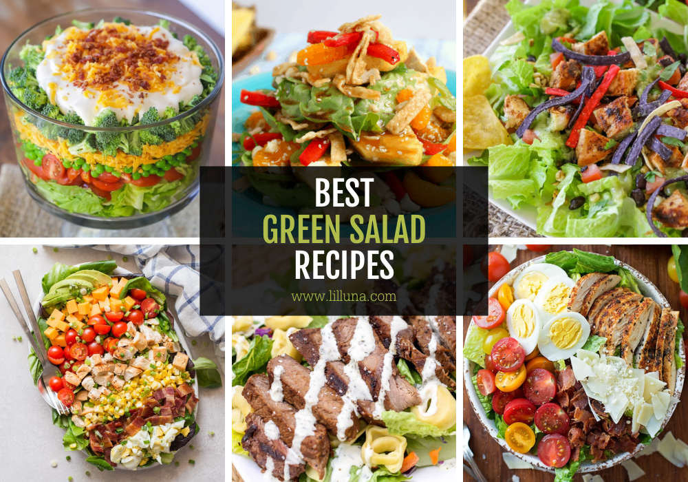 A collage of multiple green salad recipes.