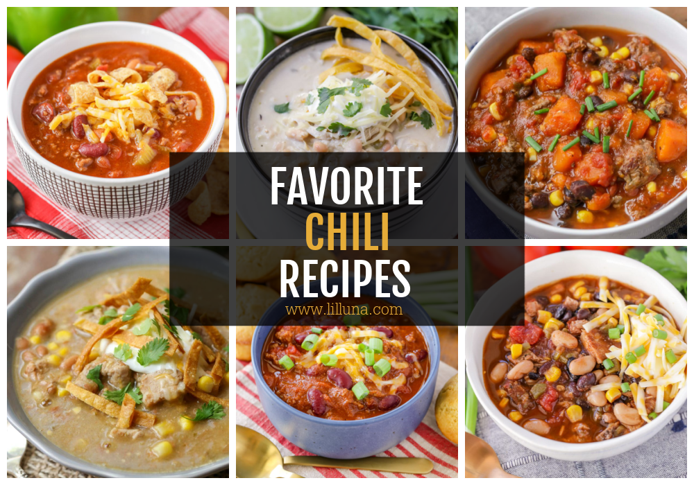 Collage of various chili recipes. 