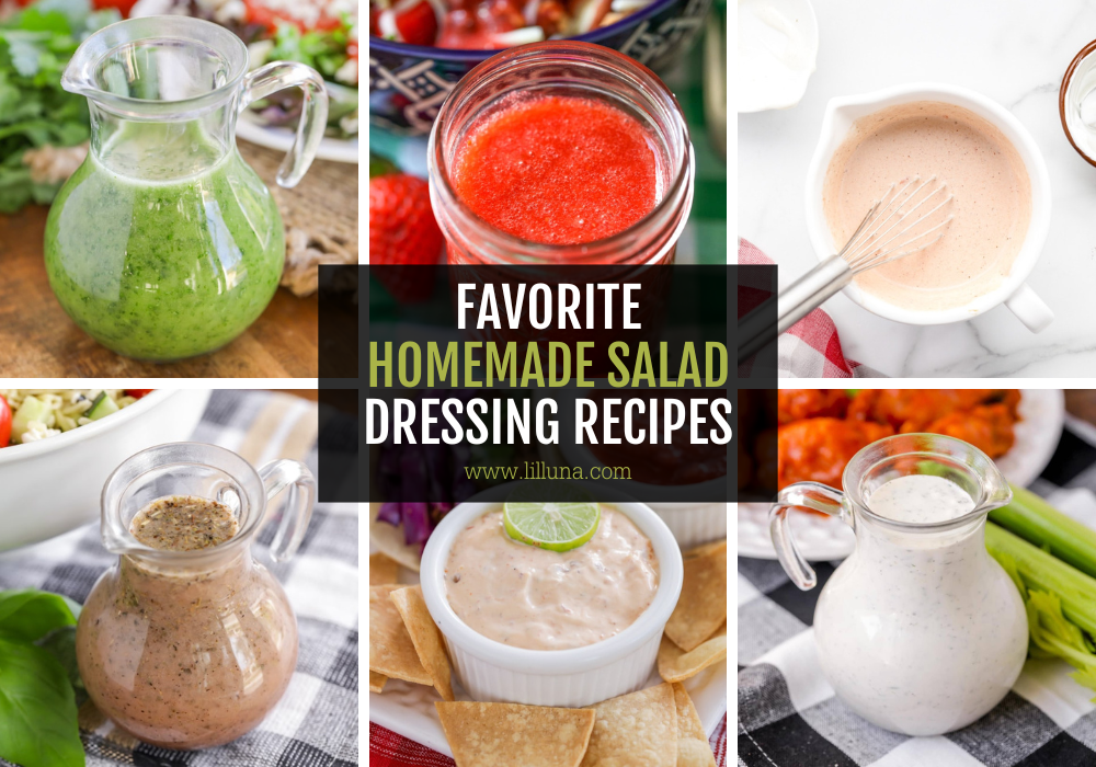 A collage of various salad dressing recipes.