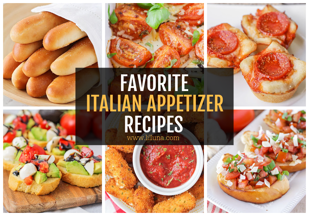 A collage of different Italian Appetizers.