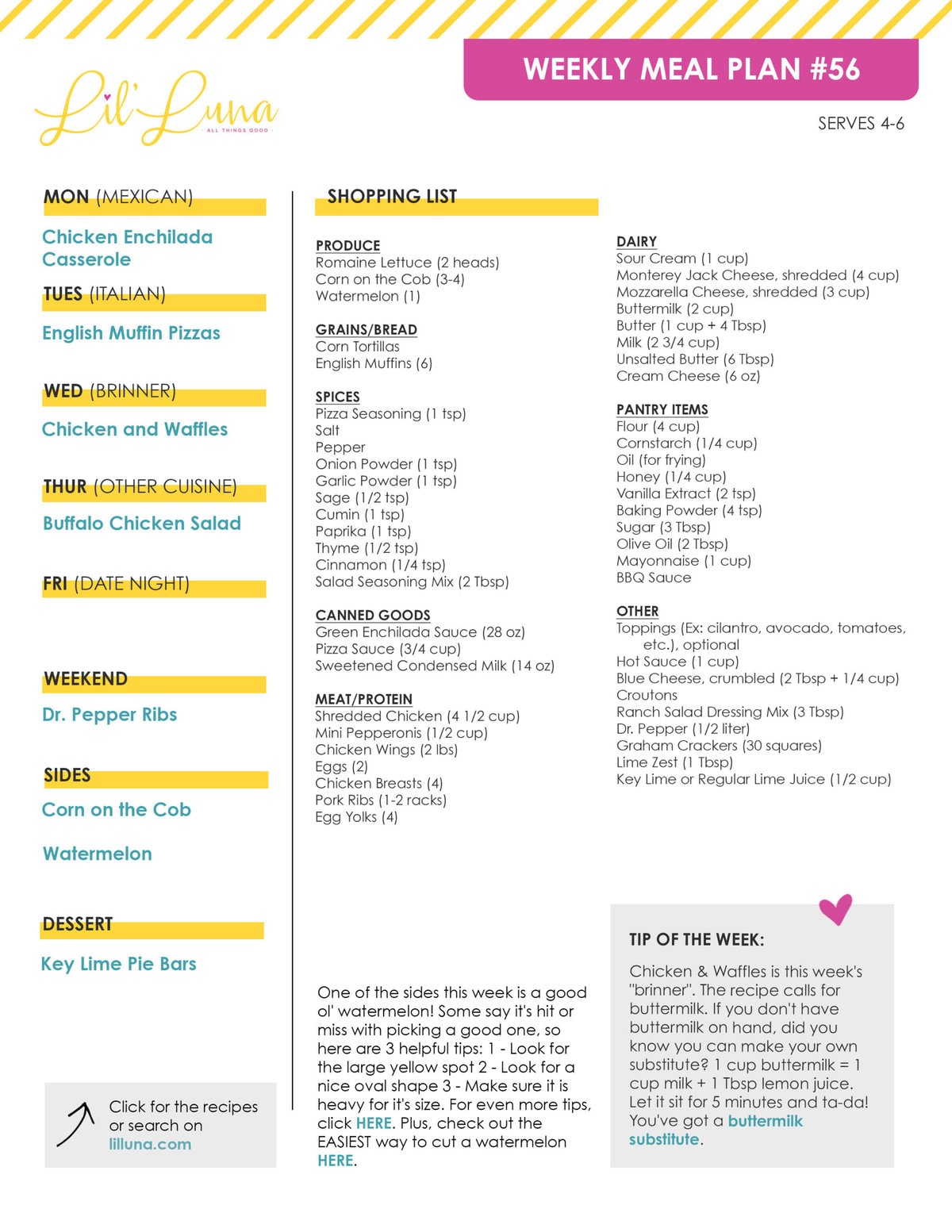 Printable version of Meal Plan #56 with grocery list.