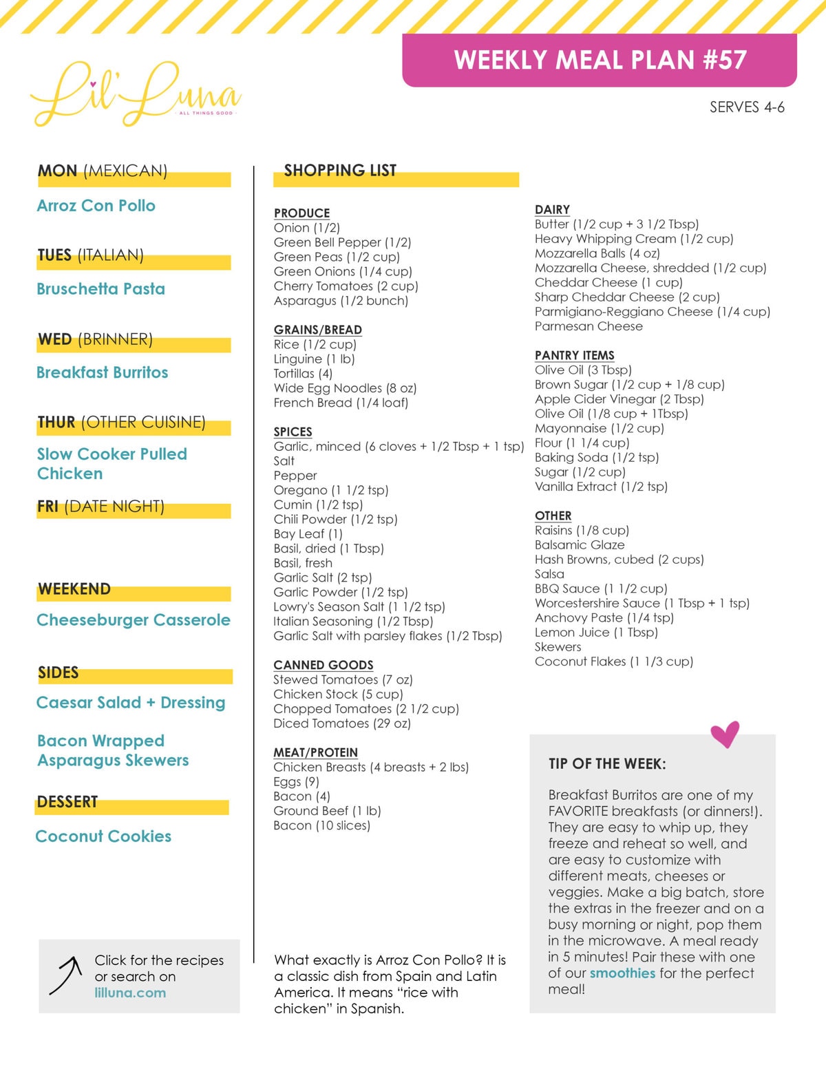 Printable version of Meal Plan #57 with grocery list.