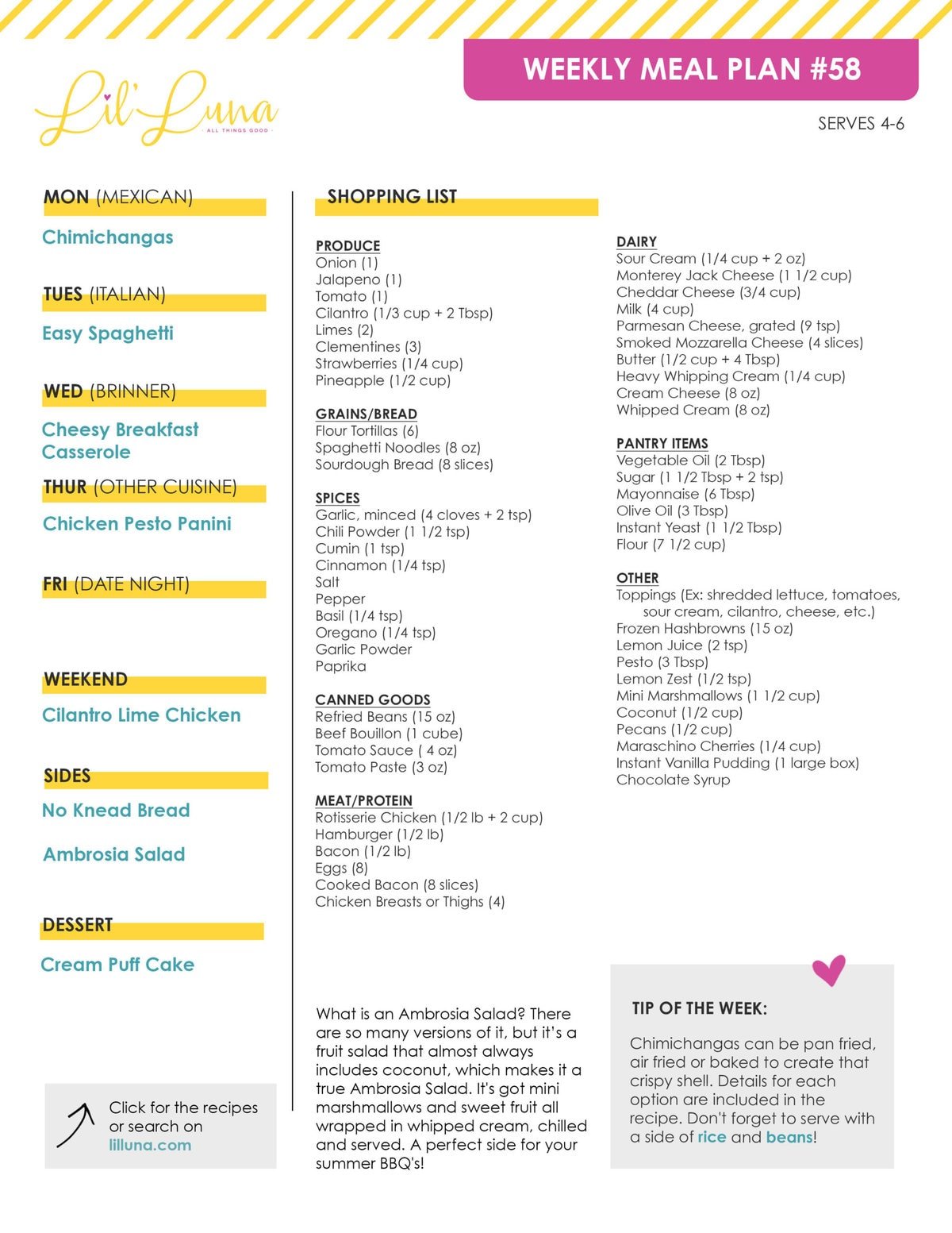 Printable version of Meal Plan #58 with grocery list.