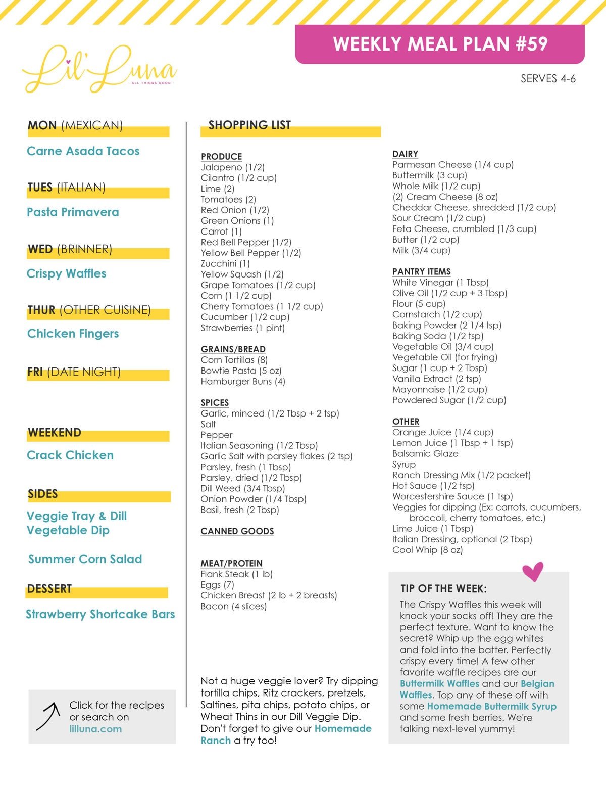 Printable version of Meal Plan #59 with grocery list.