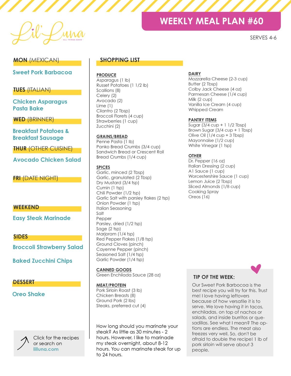 Printable version of Meal Plan #60 with grocery list.