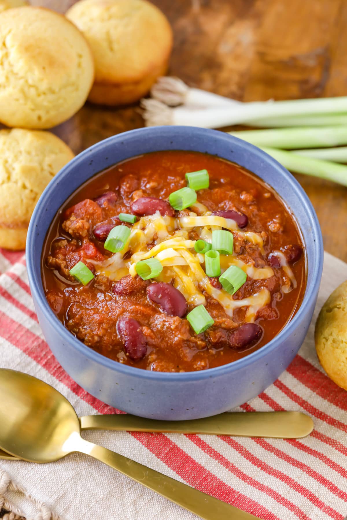 Our go-to chili recipe topped with shredded cheese and green onions.