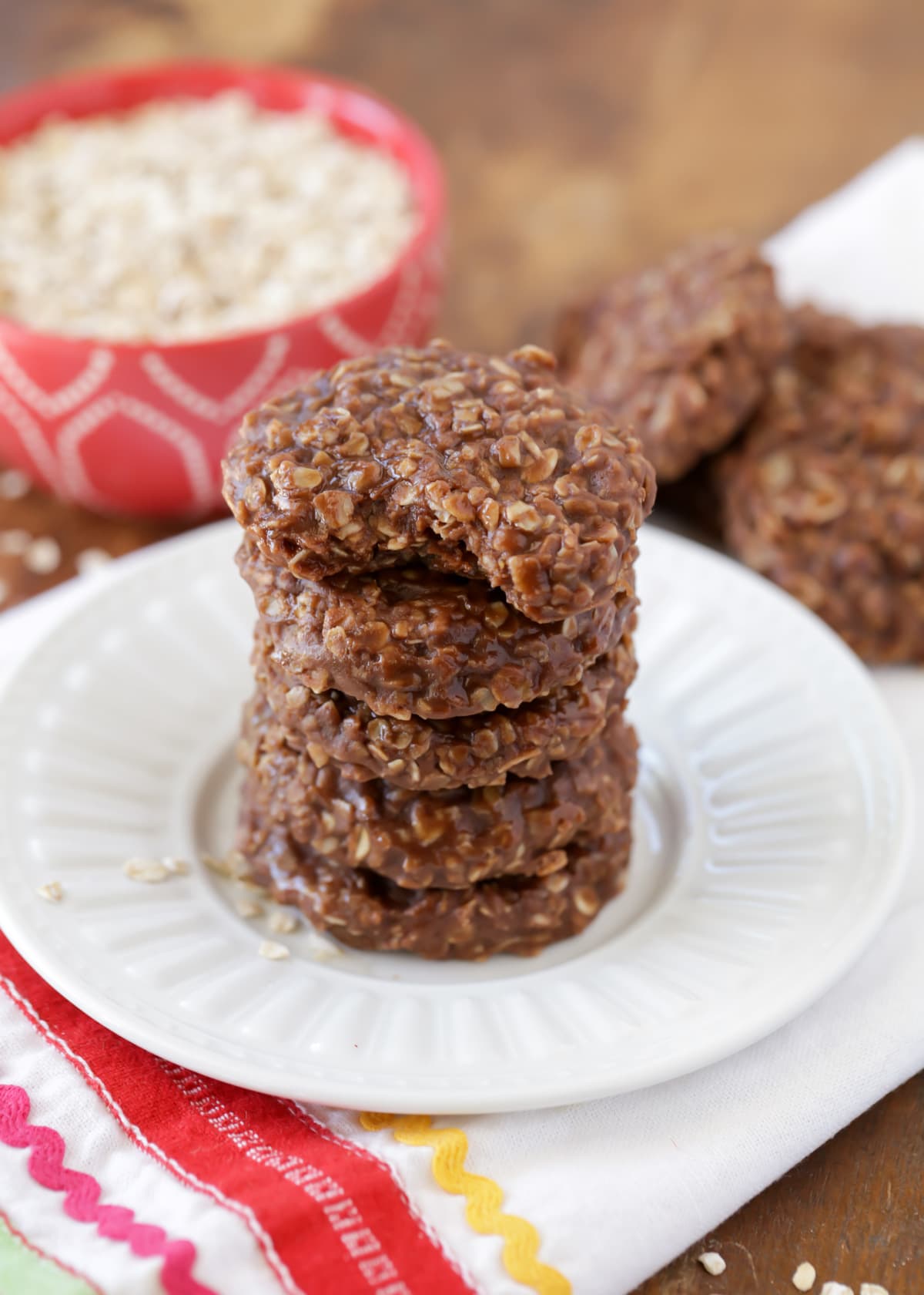 No Bake Cookies Recipe stacked on tea towel.