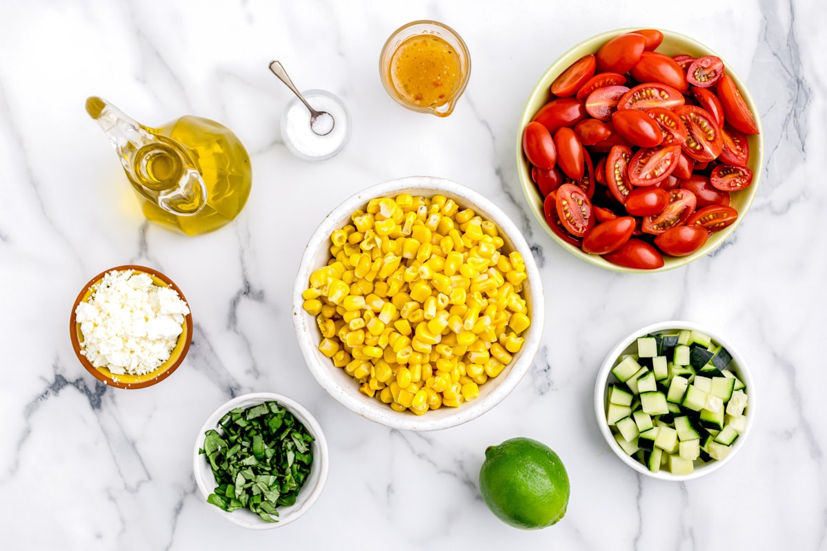 Ingredients for corn salad on the kitchen counter.