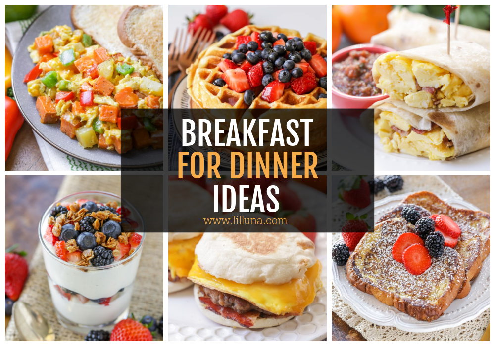 A collage of multiple breakfast for dinner ideas.
