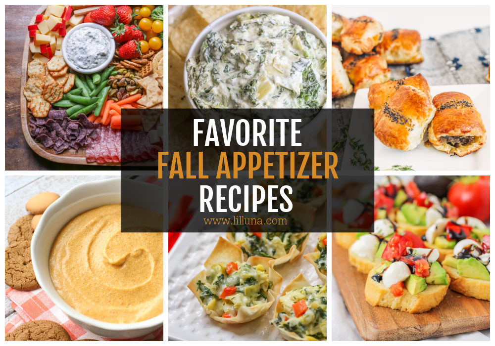 Collage of multiple fall appetizers.