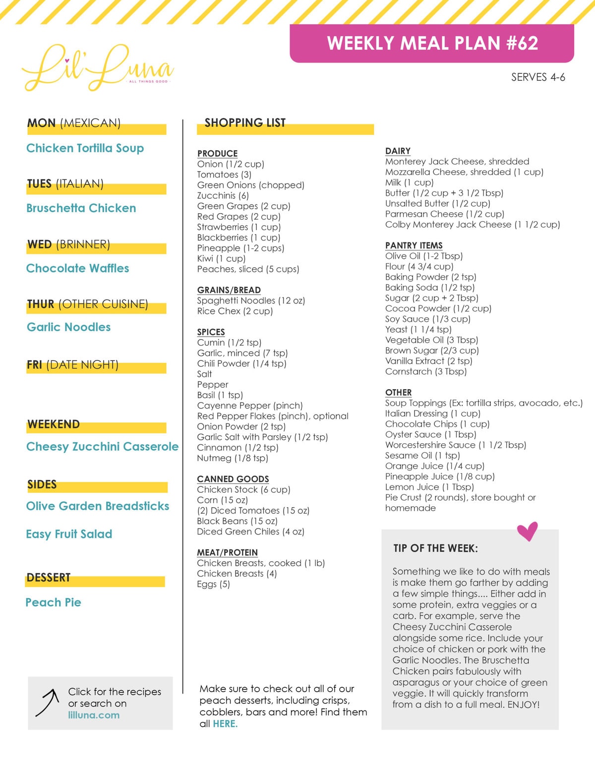 Printable version of Meal Plan #62 with grocery list.