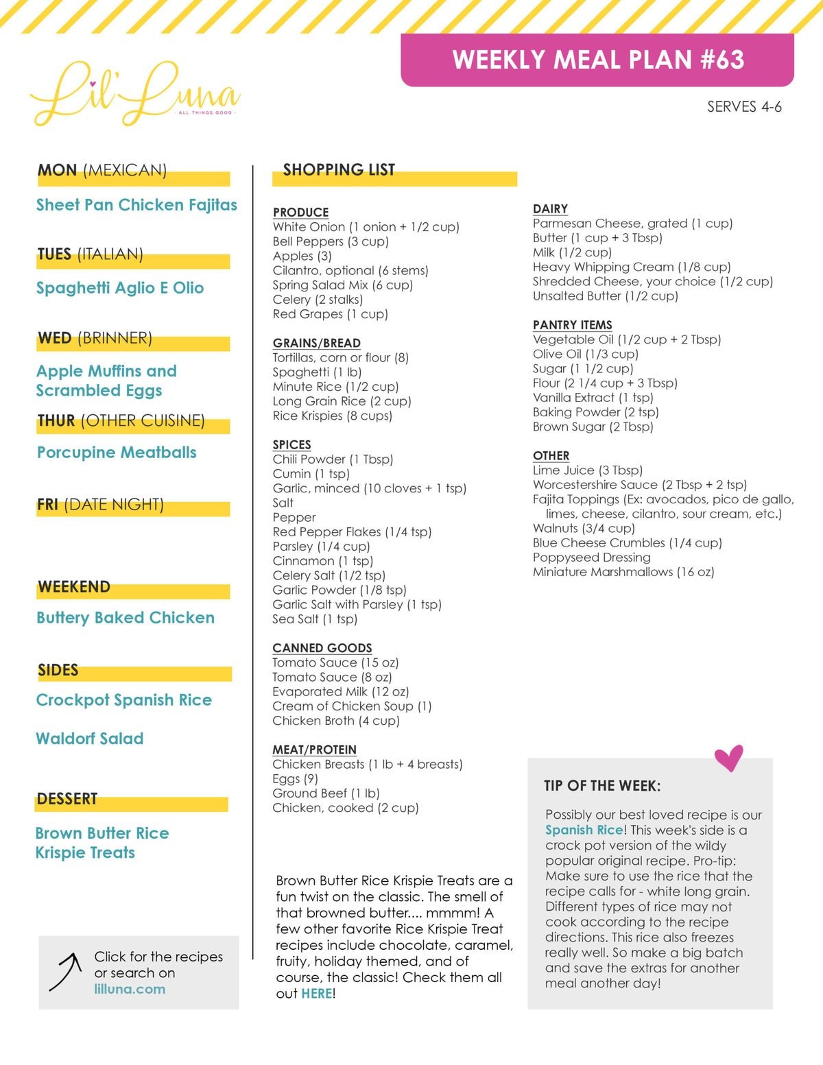 Printable version of Meal Plan #63 with grocery list.