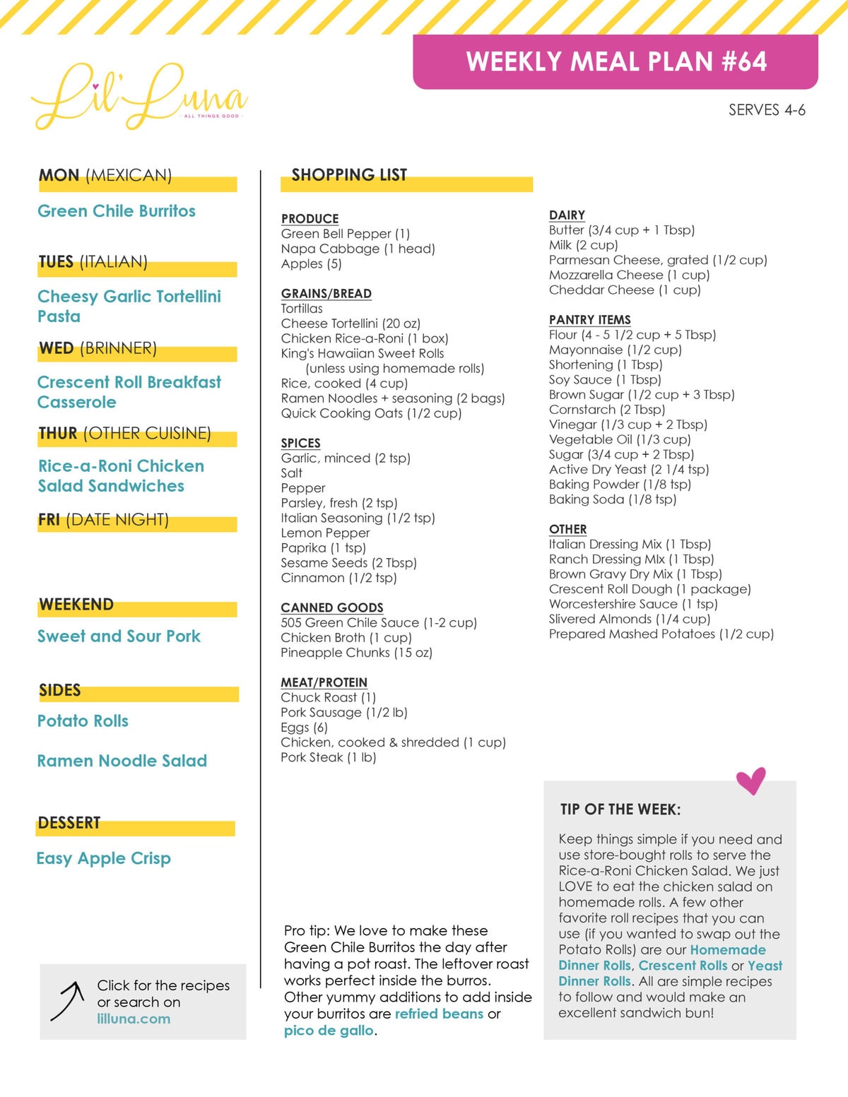 Printable version of Meal Plan #64 with grocery list.