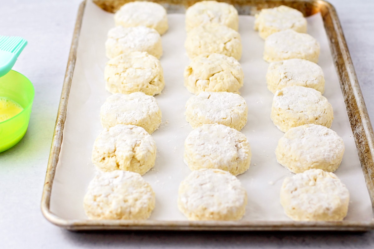 Several cut biscuits on a lined baking sheet.