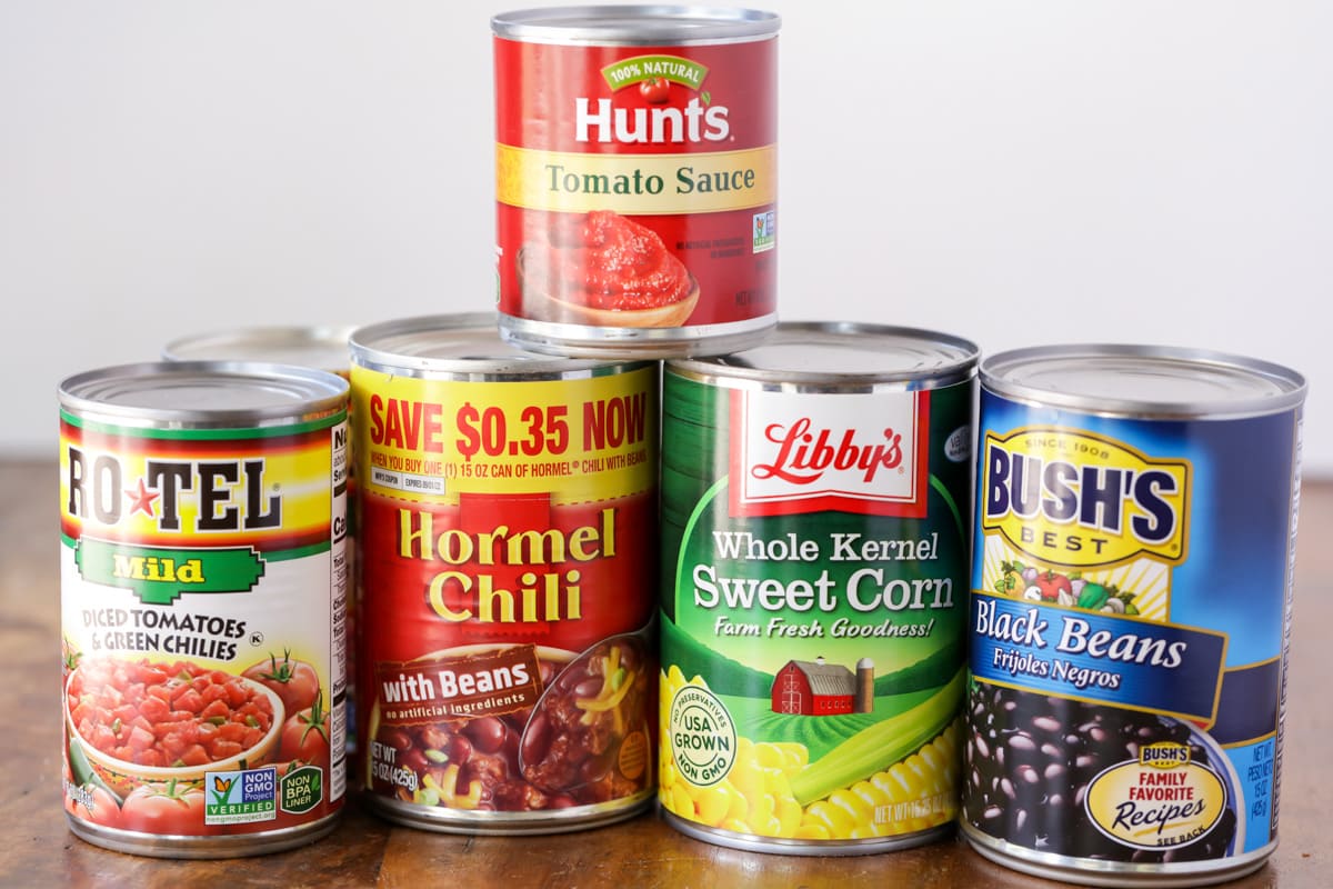 Ingredients for chicken taco soup in cans.