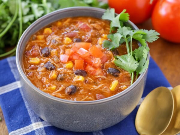 Bowl of chicken taco soup.