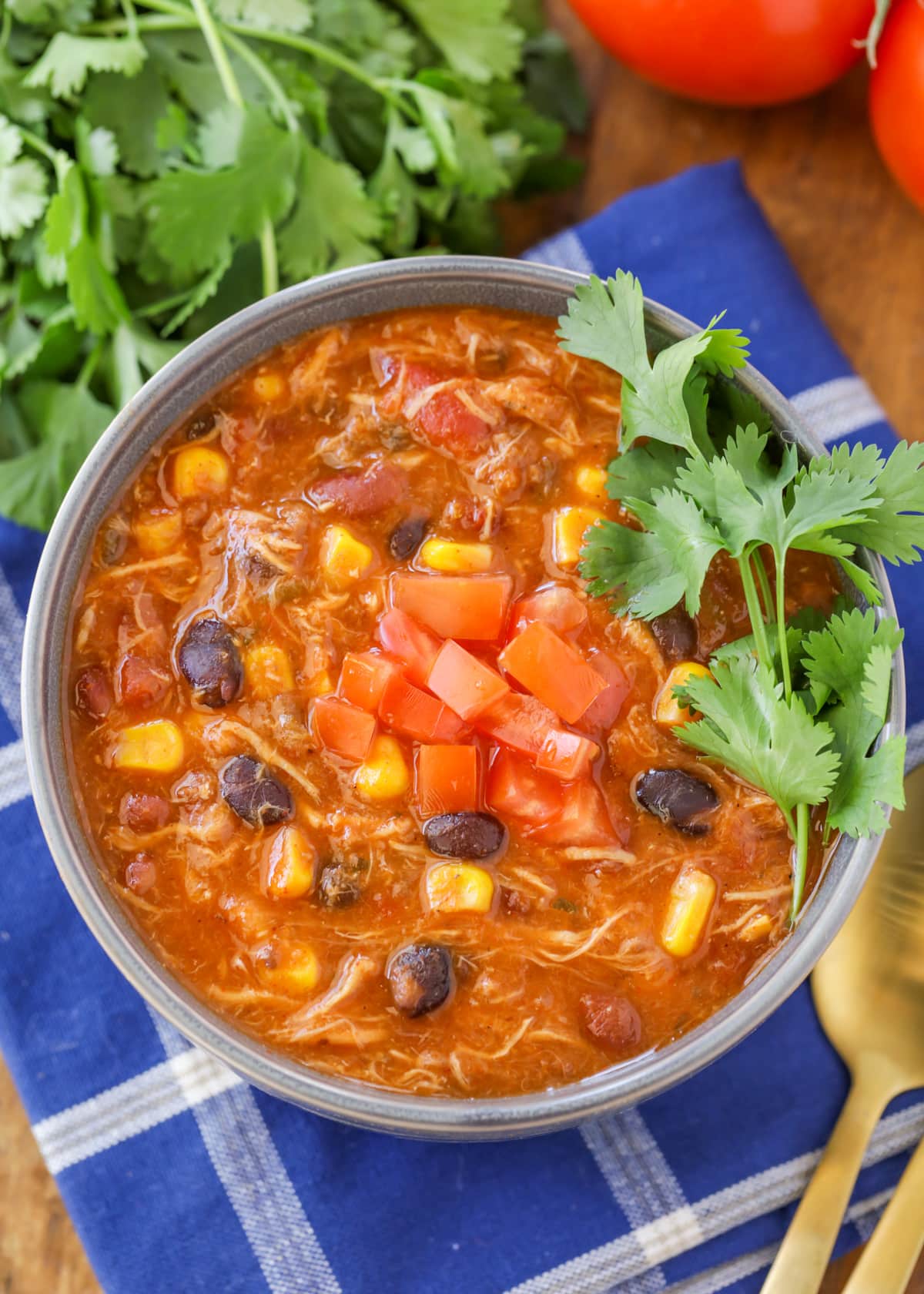 Crockpot Chicken Taco Soup served in a white bowl with lime slices.