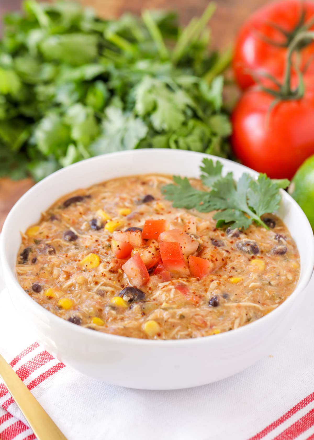 Crock pot taco soup recipe in white bowl.