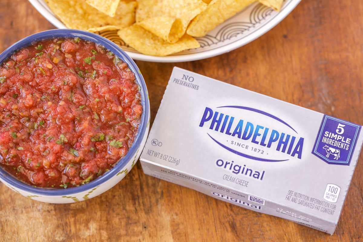 Ingredients to make homemade cream cheese salsa dip.