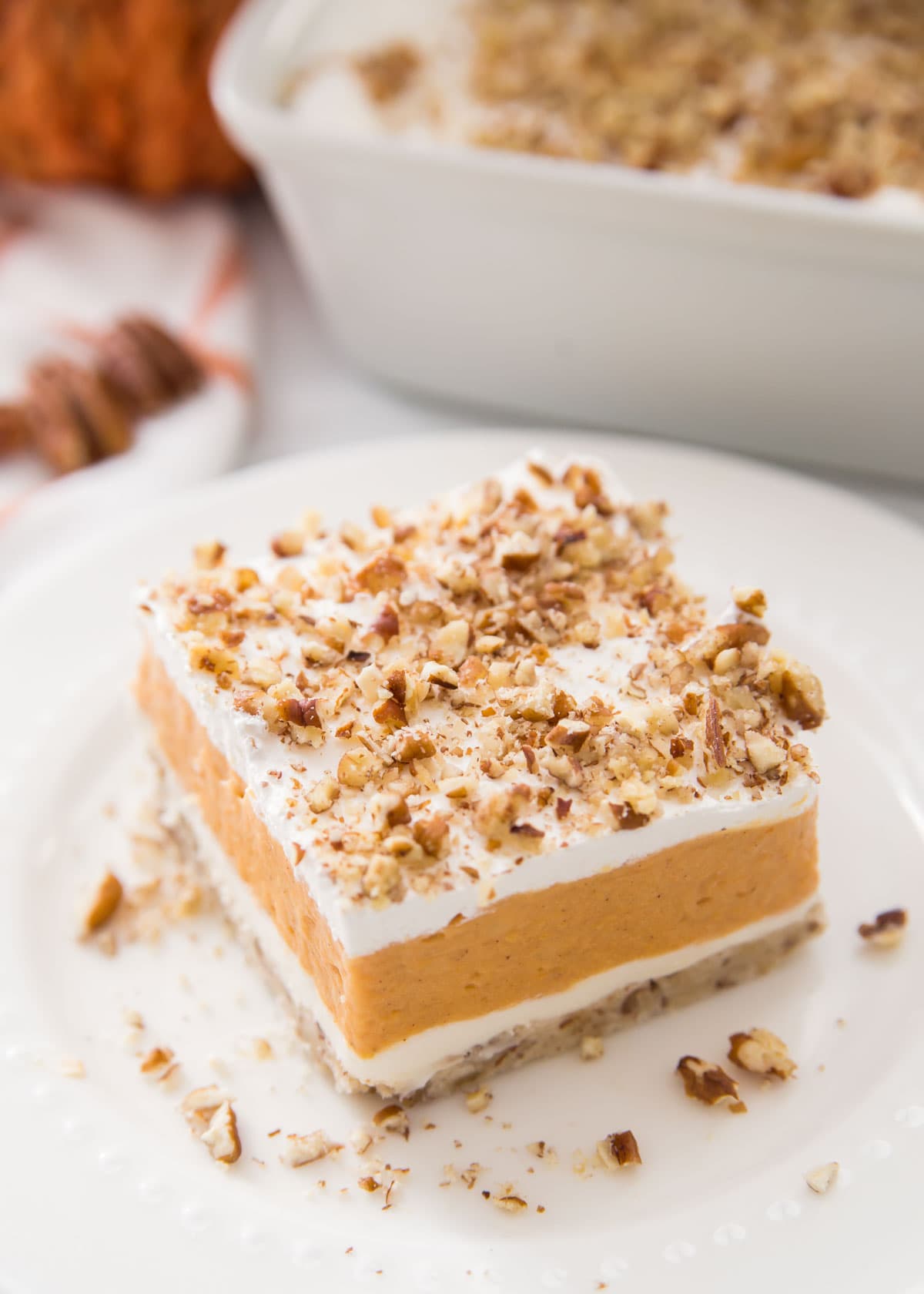 Pumpkin delight recipe close up image - on white plate.