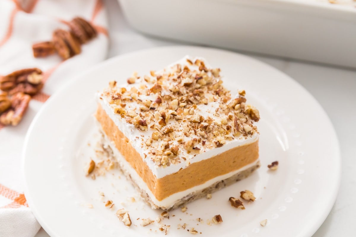 A slice of pumpkin delight on a white plate