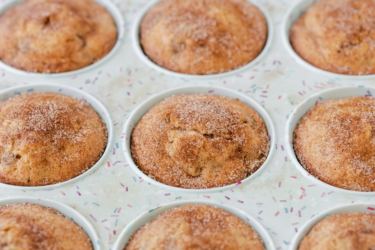 Baked snickerdoodle muffins in a tin.