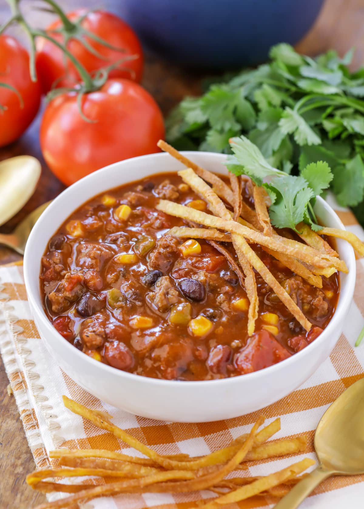 Easy taco soup recipe with ranch dressing in a bowl.