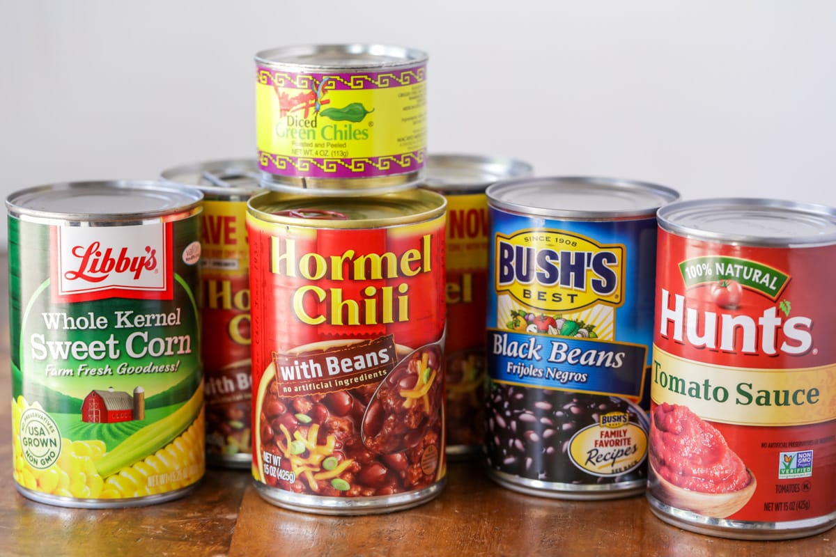 All the canned goods required to make easy taco soup.