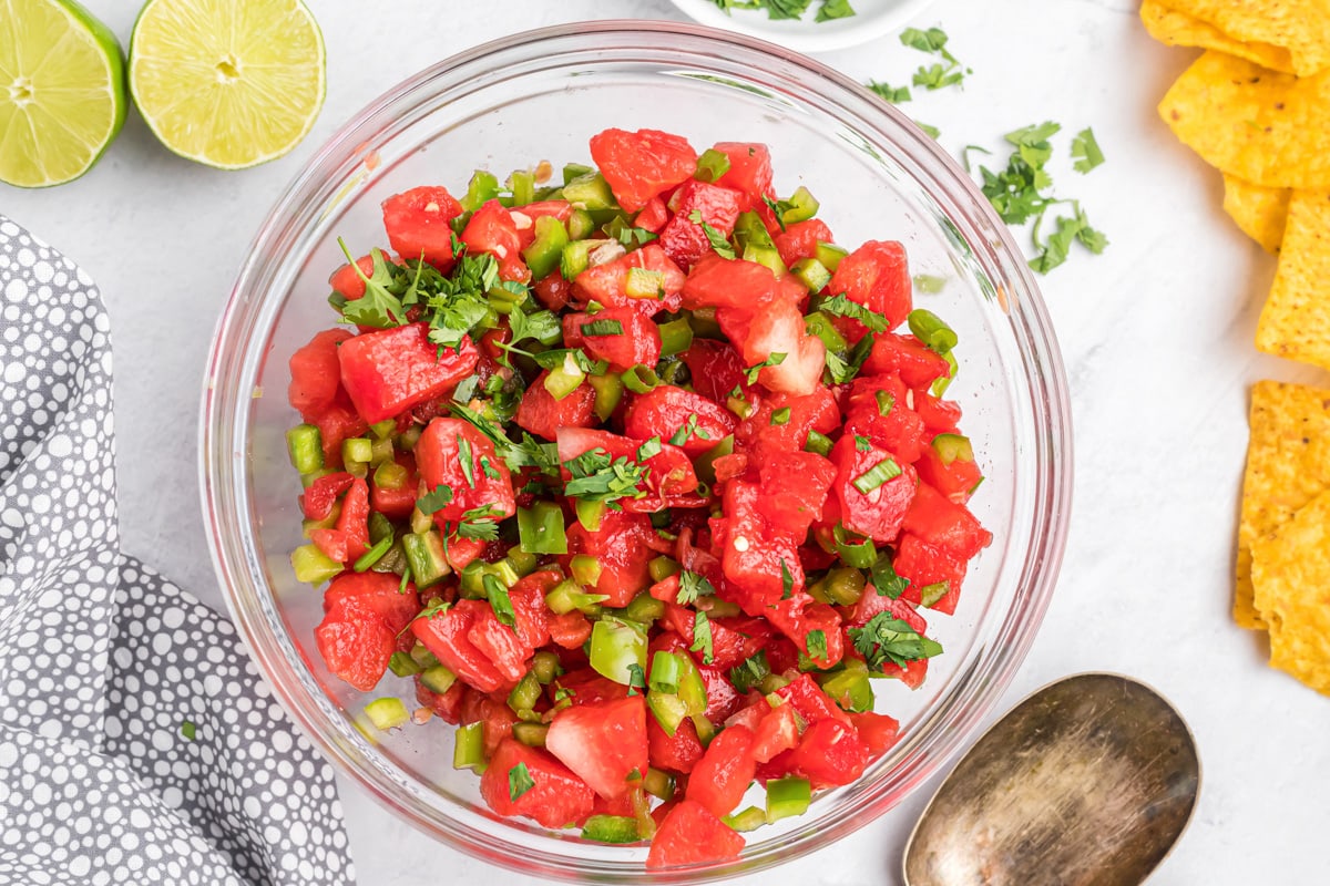 Appetizer Dips - watermelon salsa in a clear glass bowl. 