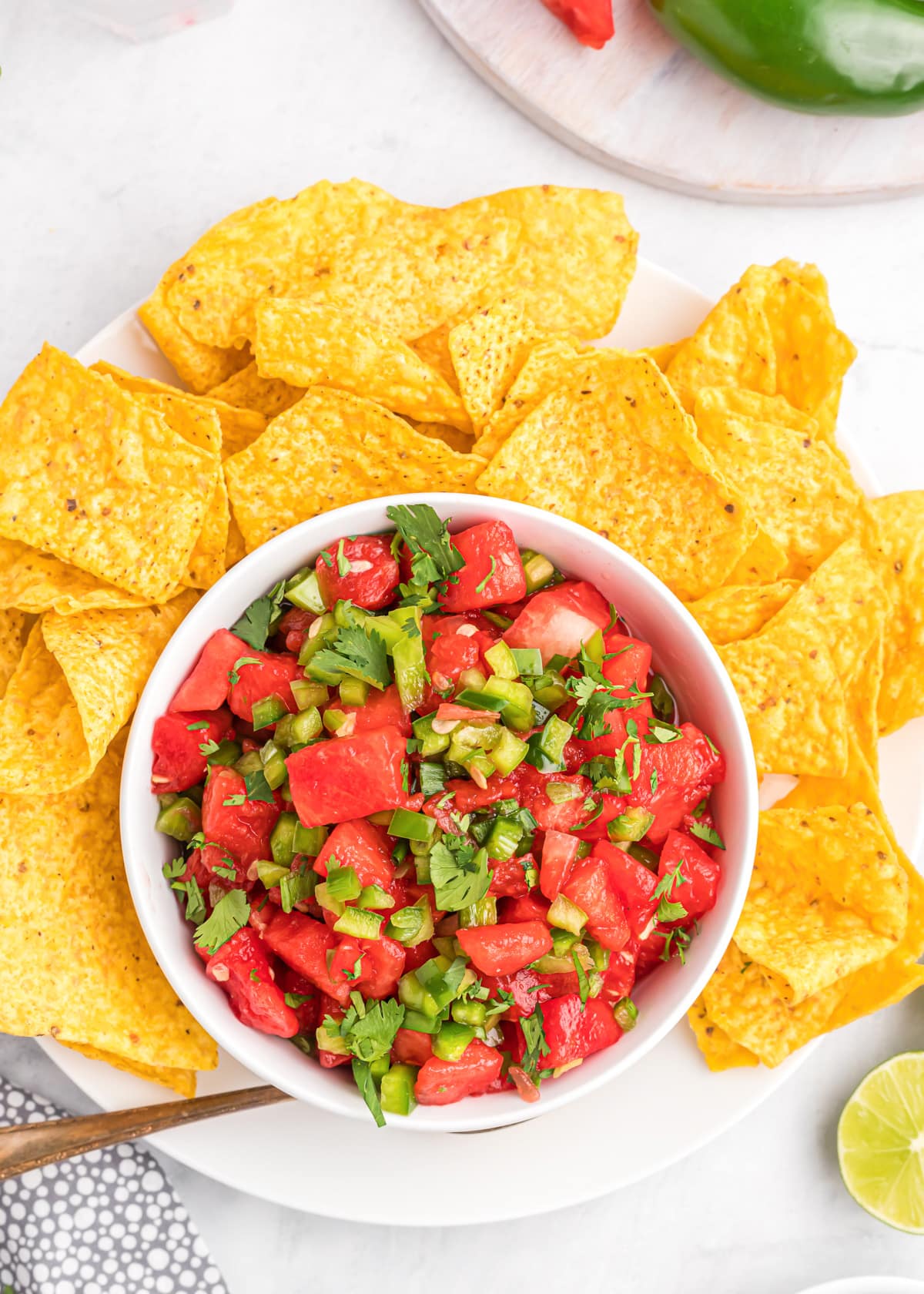 Watermelon salsa served with tortilla chips.