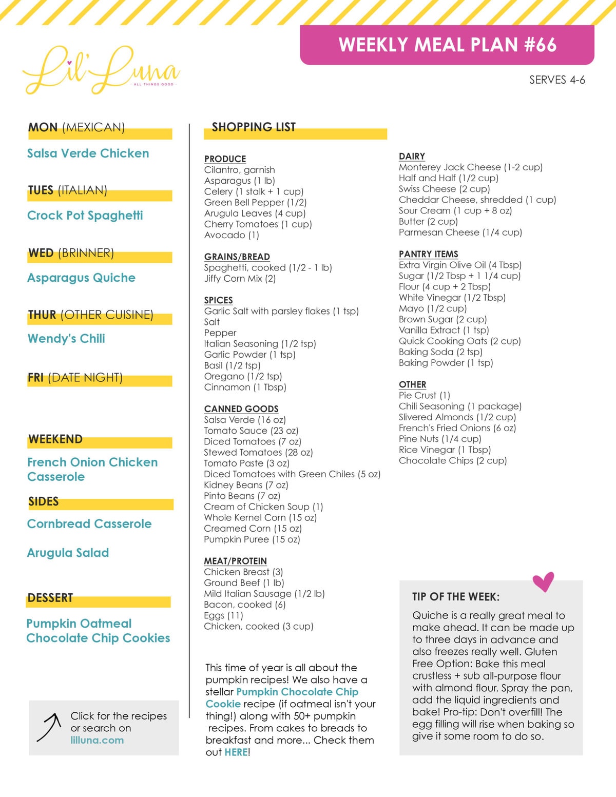 Printable version of Meal Plan #66 with grocery list.