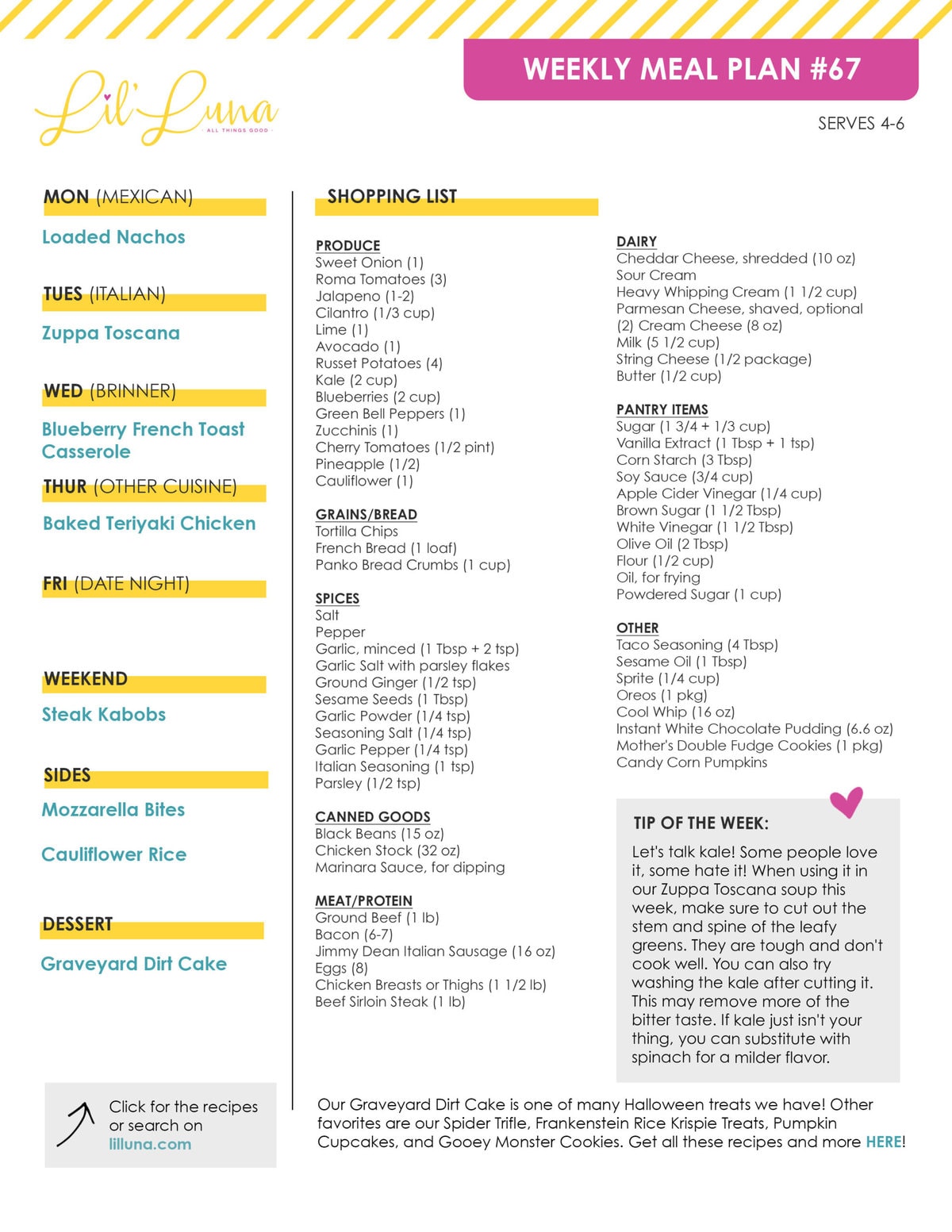 Printable version of Meal Plan #67 with grocery list.