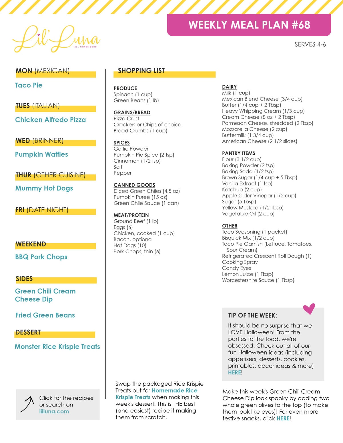 Printable version of Meal Plan #68 with grocery list.