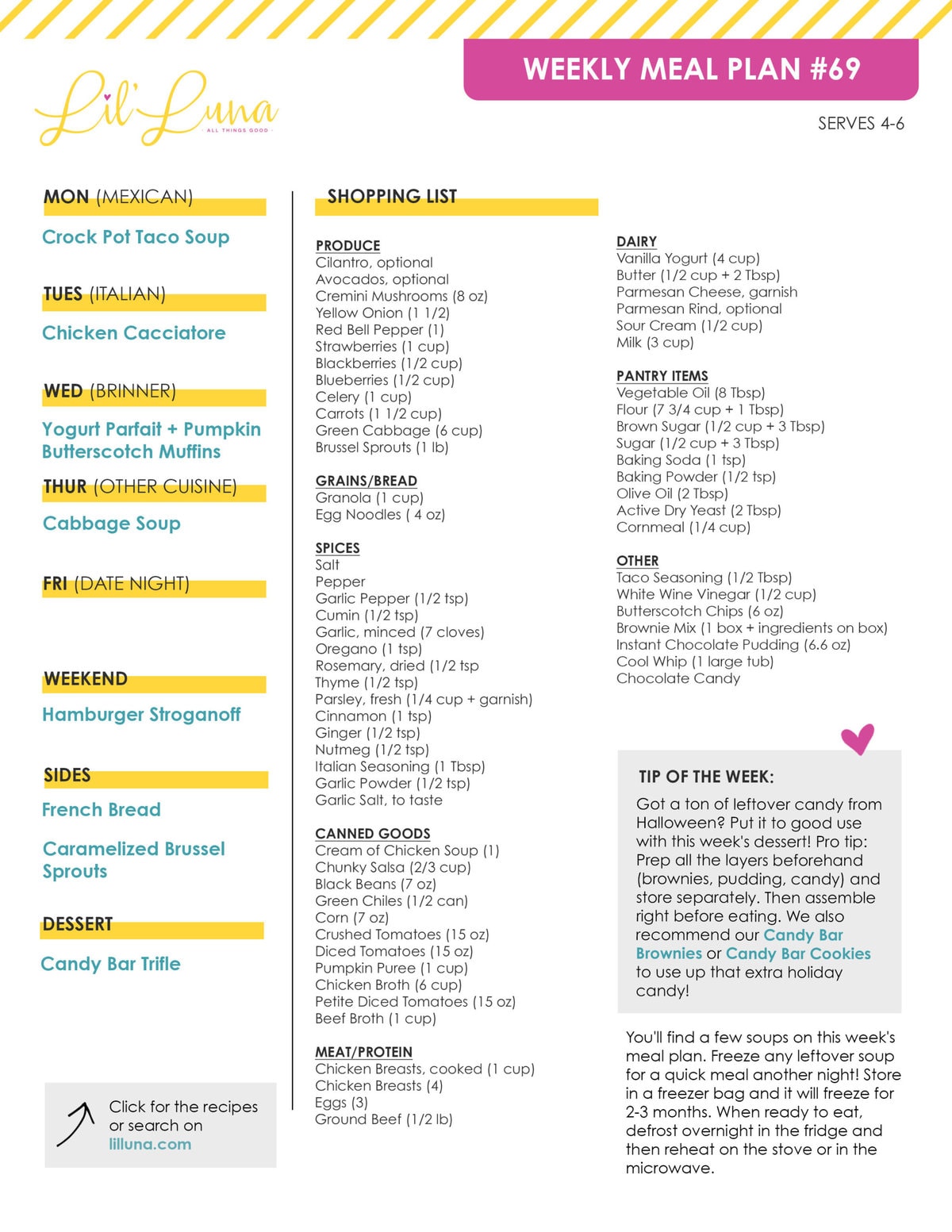 Printable version of Meal Plan #69 with grocery list.