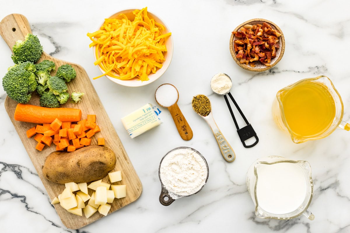 Ingredients for broccoli cheese potato soup on counter.