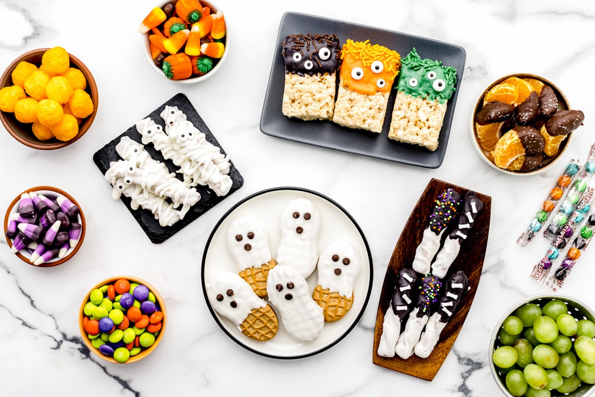 Different treats and sweets for filling the Halloween candy charcuterie board.