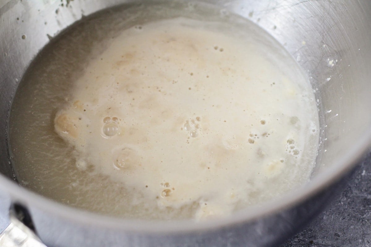 Yeast mixture bubbling in a mixing bowl.