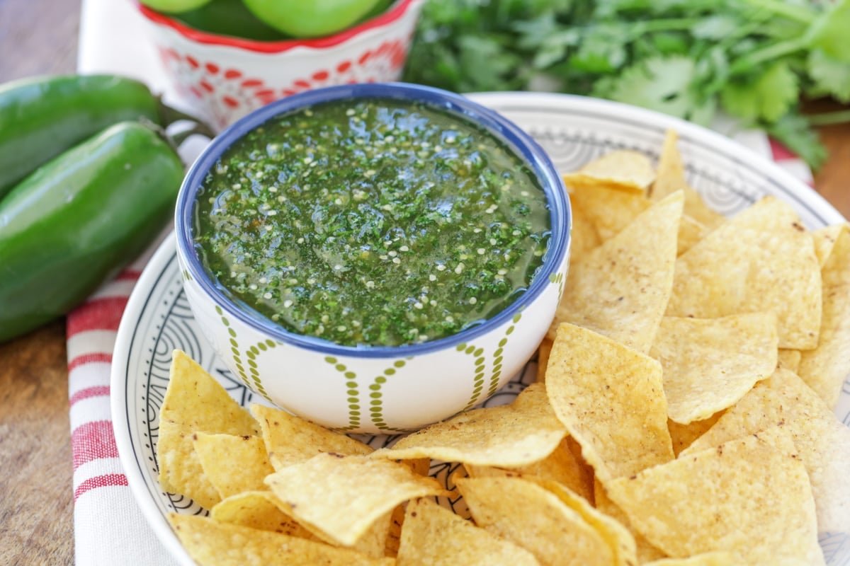 Appetizer Dips - Salsa Verde in a white bowl on a white plate with a side of tortilla chips. 