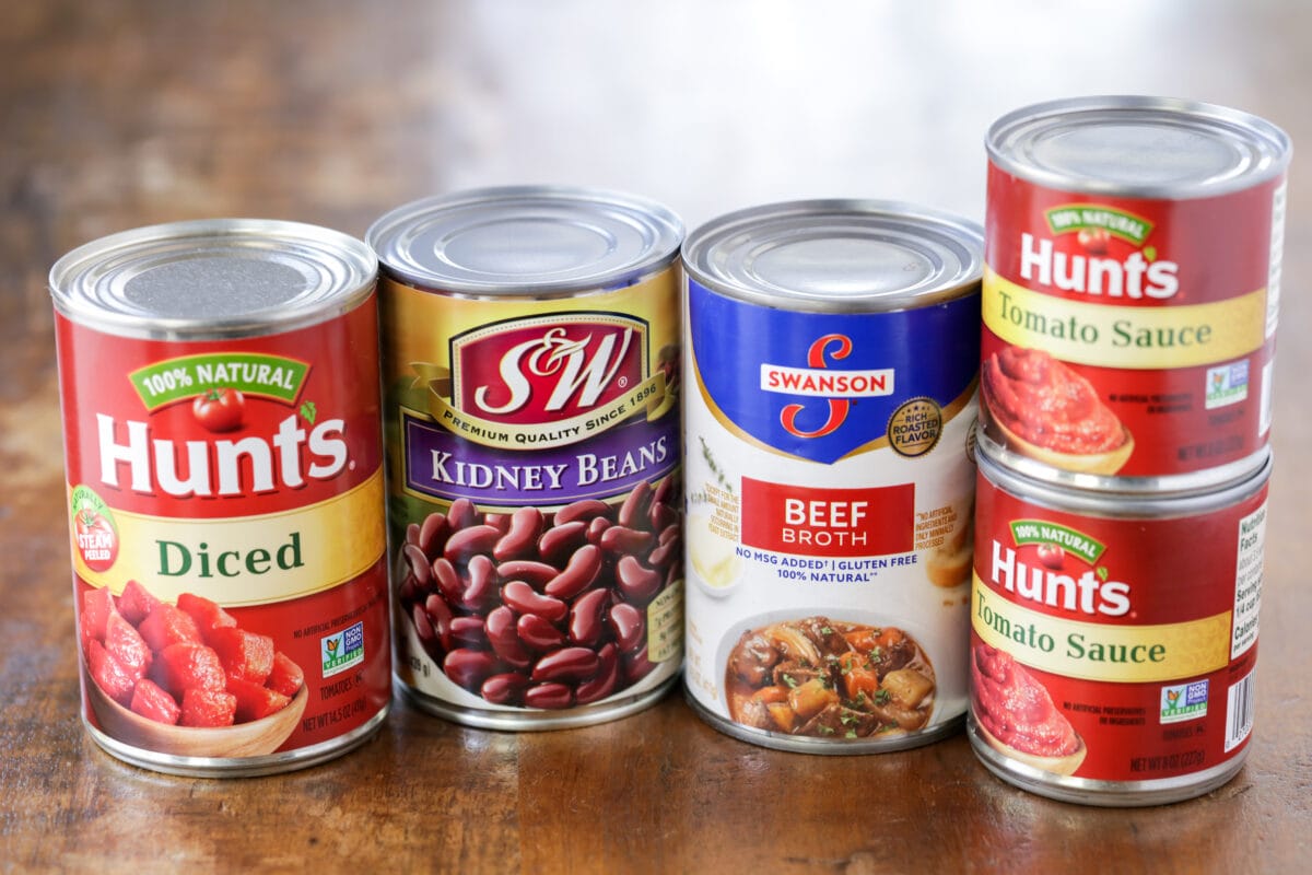 Canned ingredients for favorite Beef Chili recipe.