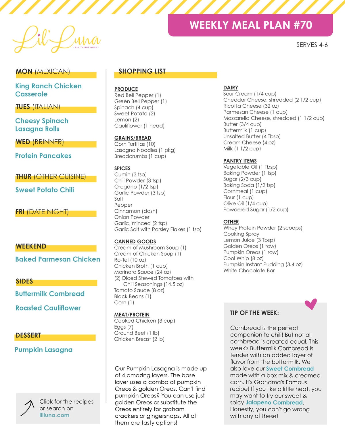 Printable version of Meal Plan #70 with grocery list.