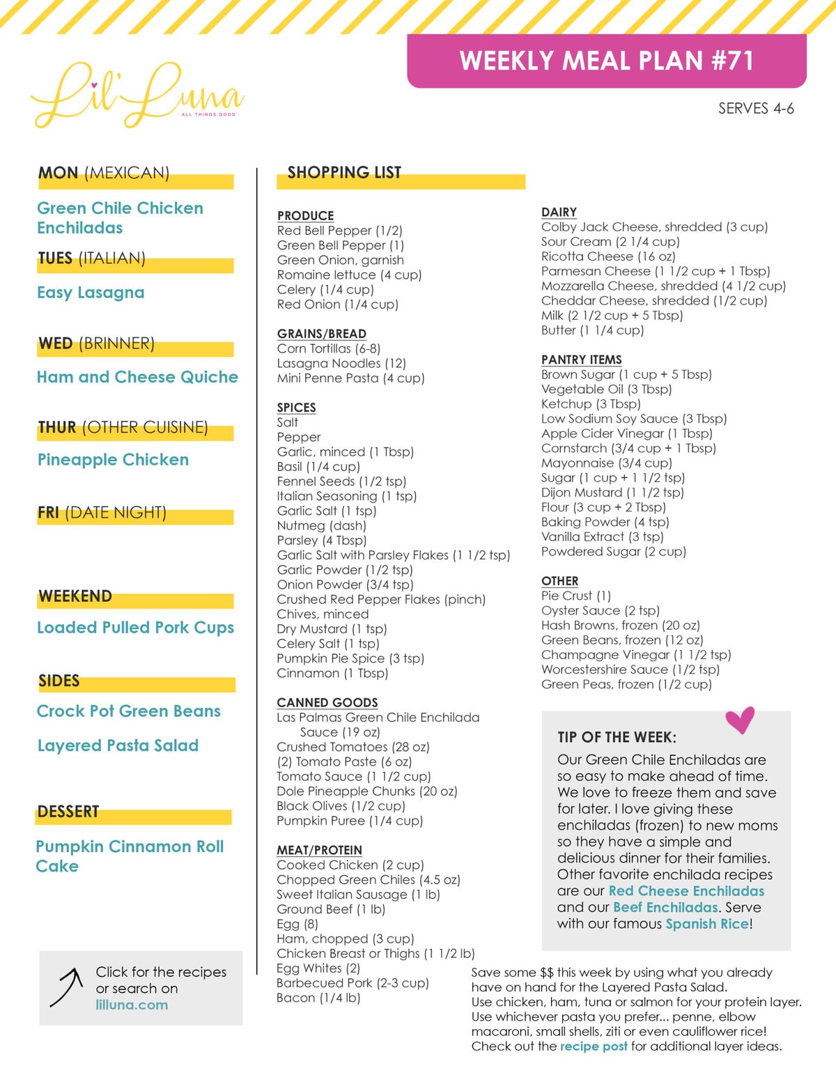 Printable version of Meal Plan #71 with grocery list.