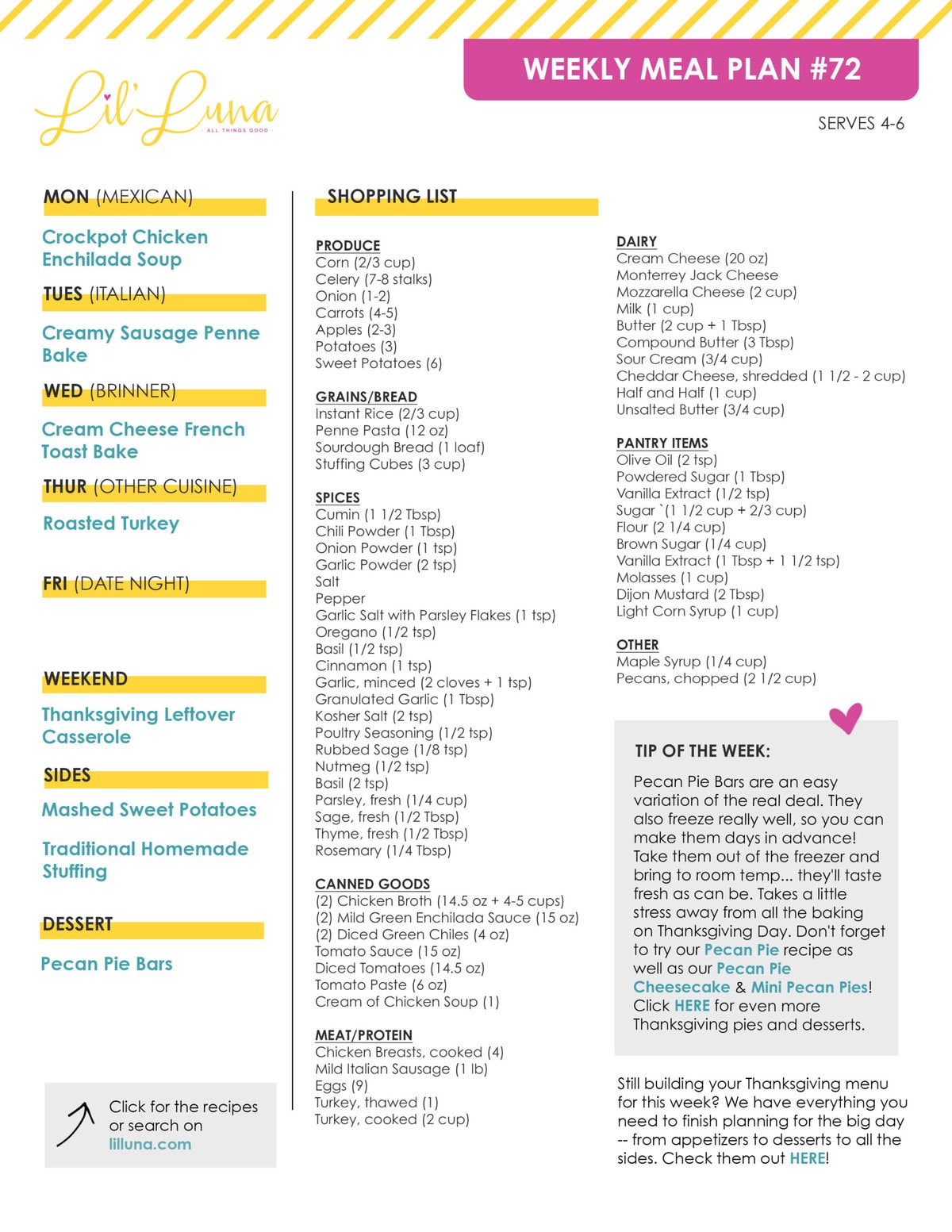 Printable version of Meal Plan #72 with grocery list.