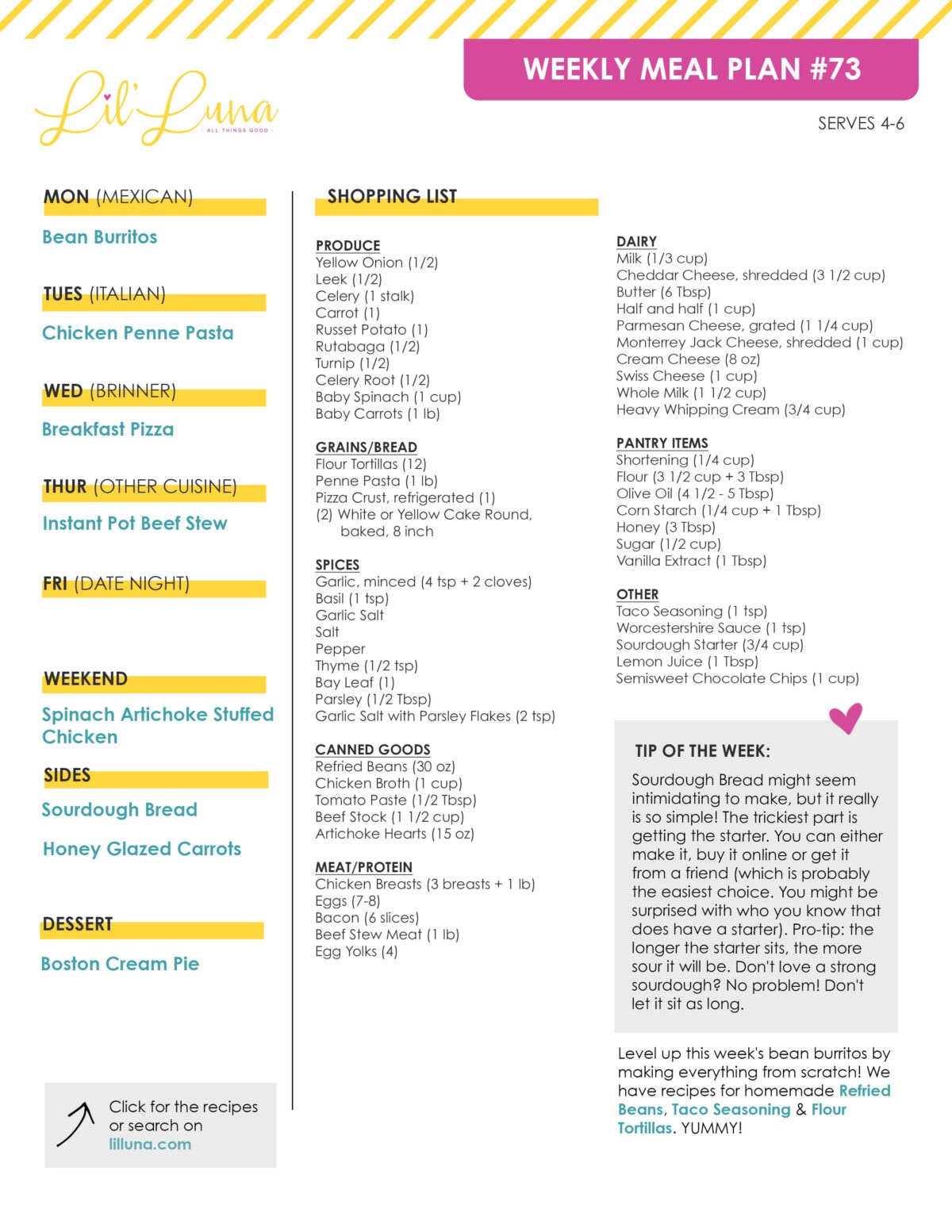 Printable version of Meal Plan #73 with grocery list.