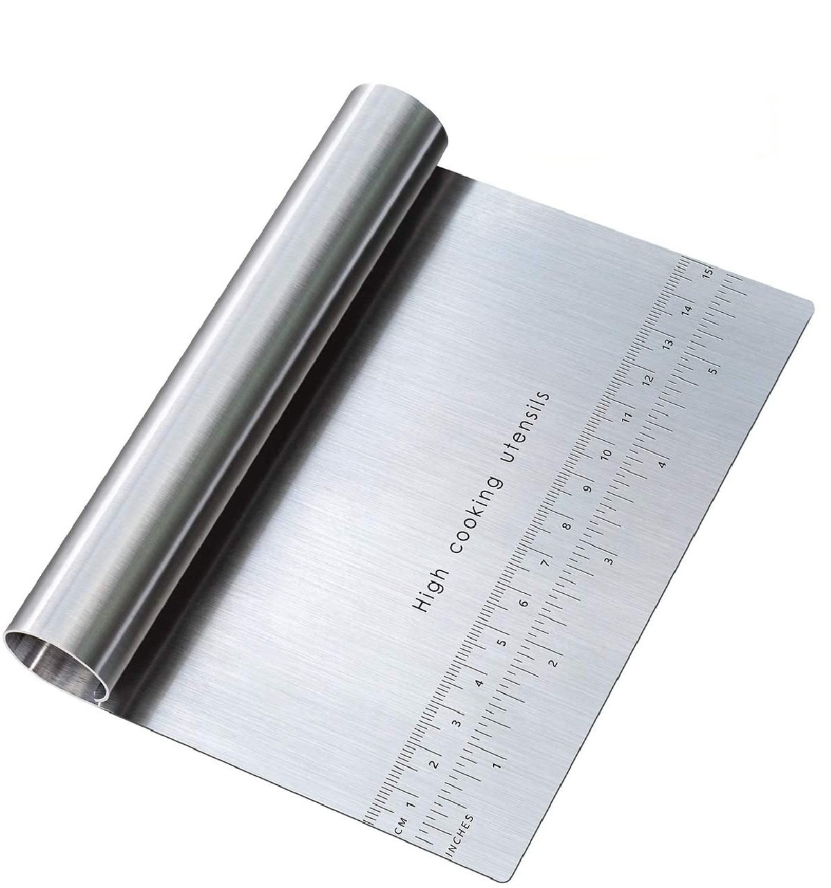 A stainless steel pastry cutter/scraper.
