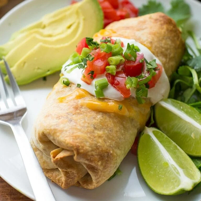 Baked chicken chimichanga topped with sour cream and pico.