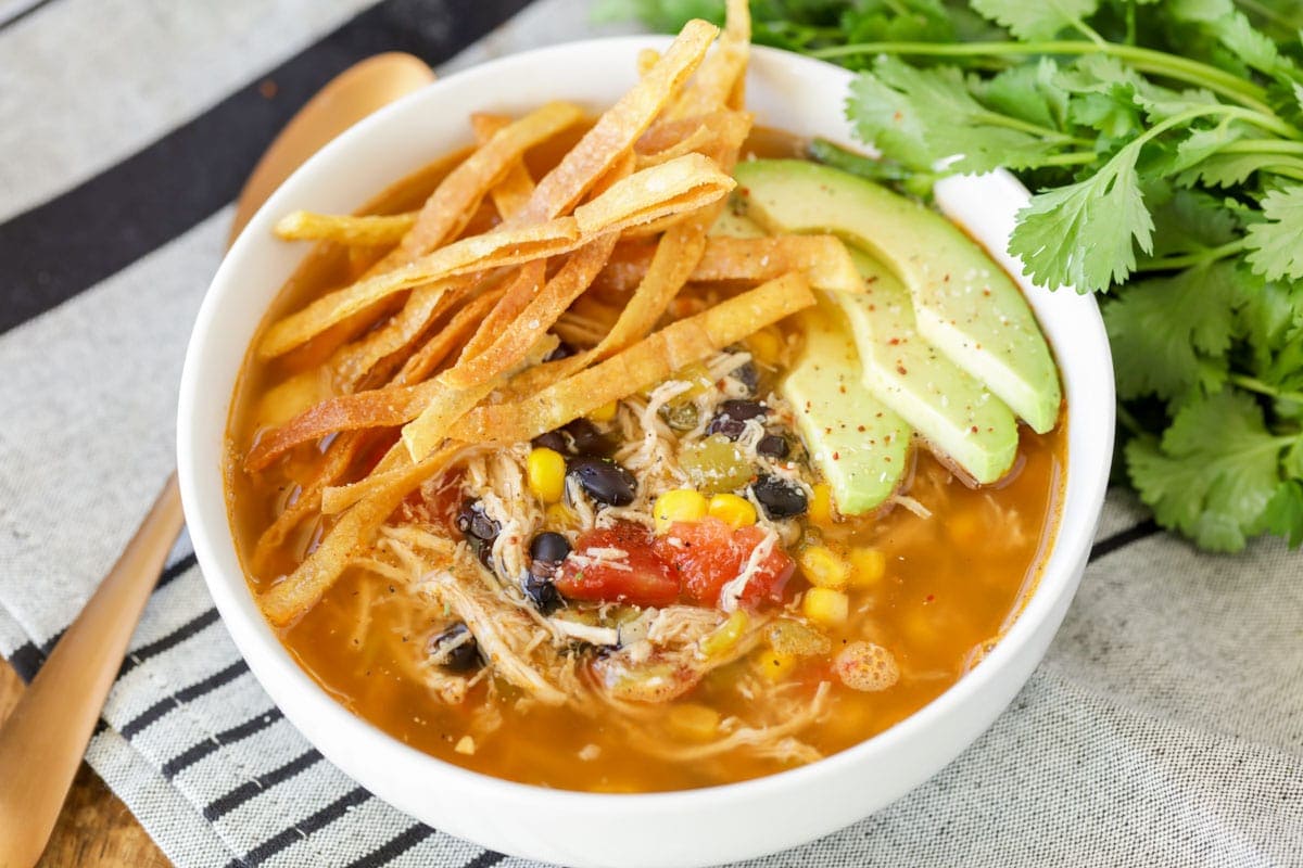 A white bowl of chicken tortilla soup topped with tortilla strips and sliced avocado.